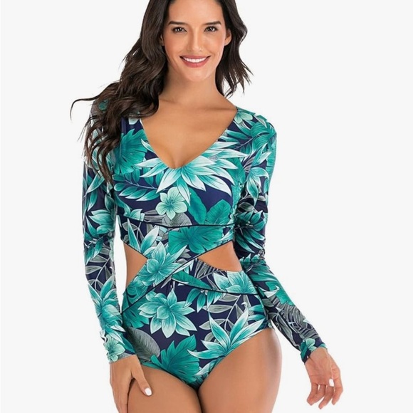 RashGaurd Long Sleeve One Piece Swimsuit Floral Blue Teal - Picture 15 of 16
